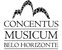 Logo do Concentus Musicum Belo Horizonte com uma imagem estilizada da Igrejinha da Pampulha no topo, tudo em preto e branco.