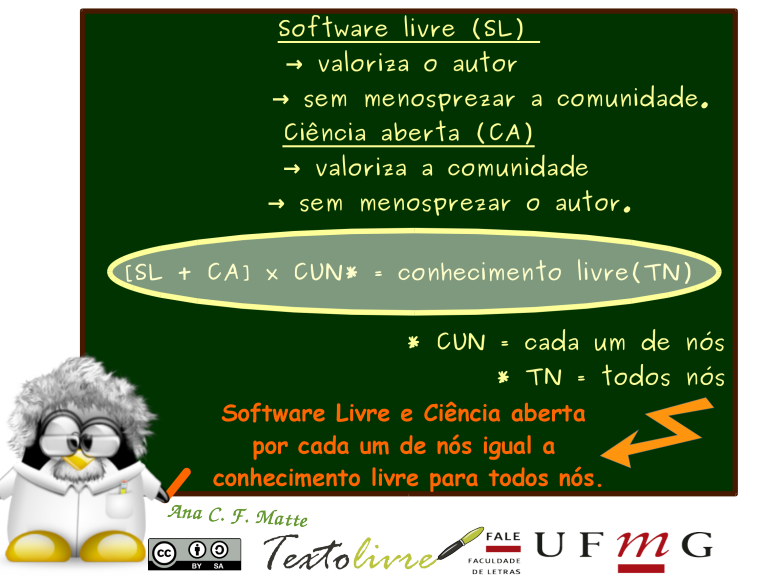 O Software Livre valoriza o autor sem menosprezar a comunidade. A Ciência Aberta valoriza a comunidade sem desprezar o autor. Assim, a soma do Software Livre com a Ciência Aberta, multiplicada por cada um de nós é igual ao conhecimento Livre para todos nós. A fórmula aparece num quadro negro em cuja frente, à esquerda, um pinguim de cabelos brancos arrepiados e um jaleco branco apresenta a fórmula com olhos arregalados.