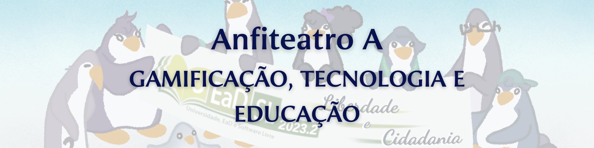 logo do palco Anfiteatro: pinguim com a mão apoiada no lado direito da tela. Fundo em tons escuros de marrom e roxo
