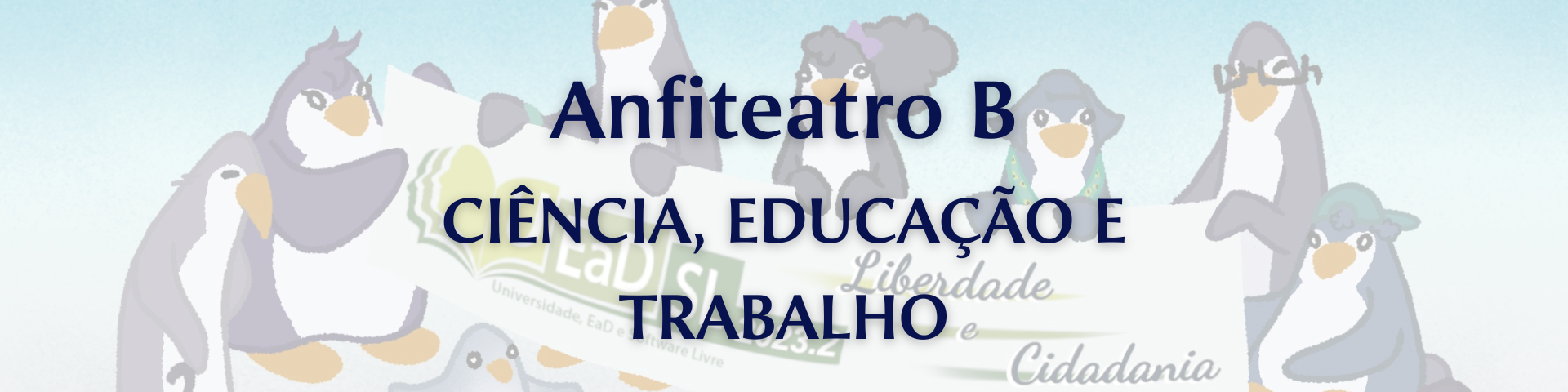 logo do palco Anfiteatro: pinguim com a mão apoiada no lado direito da tela. Fundo em tons escuros de marrom e roxo