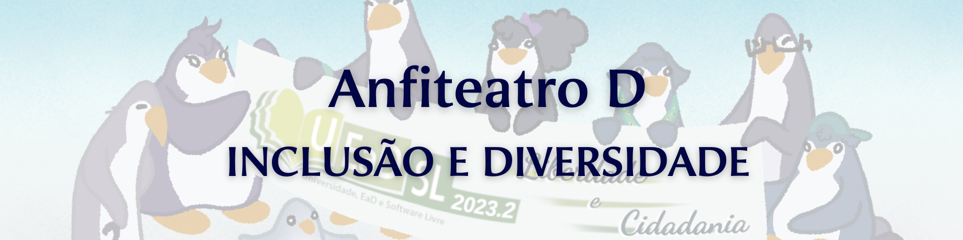 logo do palco Anfiteatro: pinguim com a mão apoiada no lado direito da tela. Fundo em tons escuros de marrom e roxo