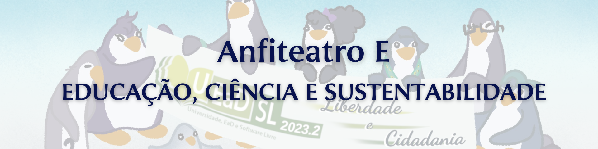 logo do palco Anfiteatro: pinguim com a mão apoiada no lado direito da tela. Fundo em tons escuros de marrom e roxo